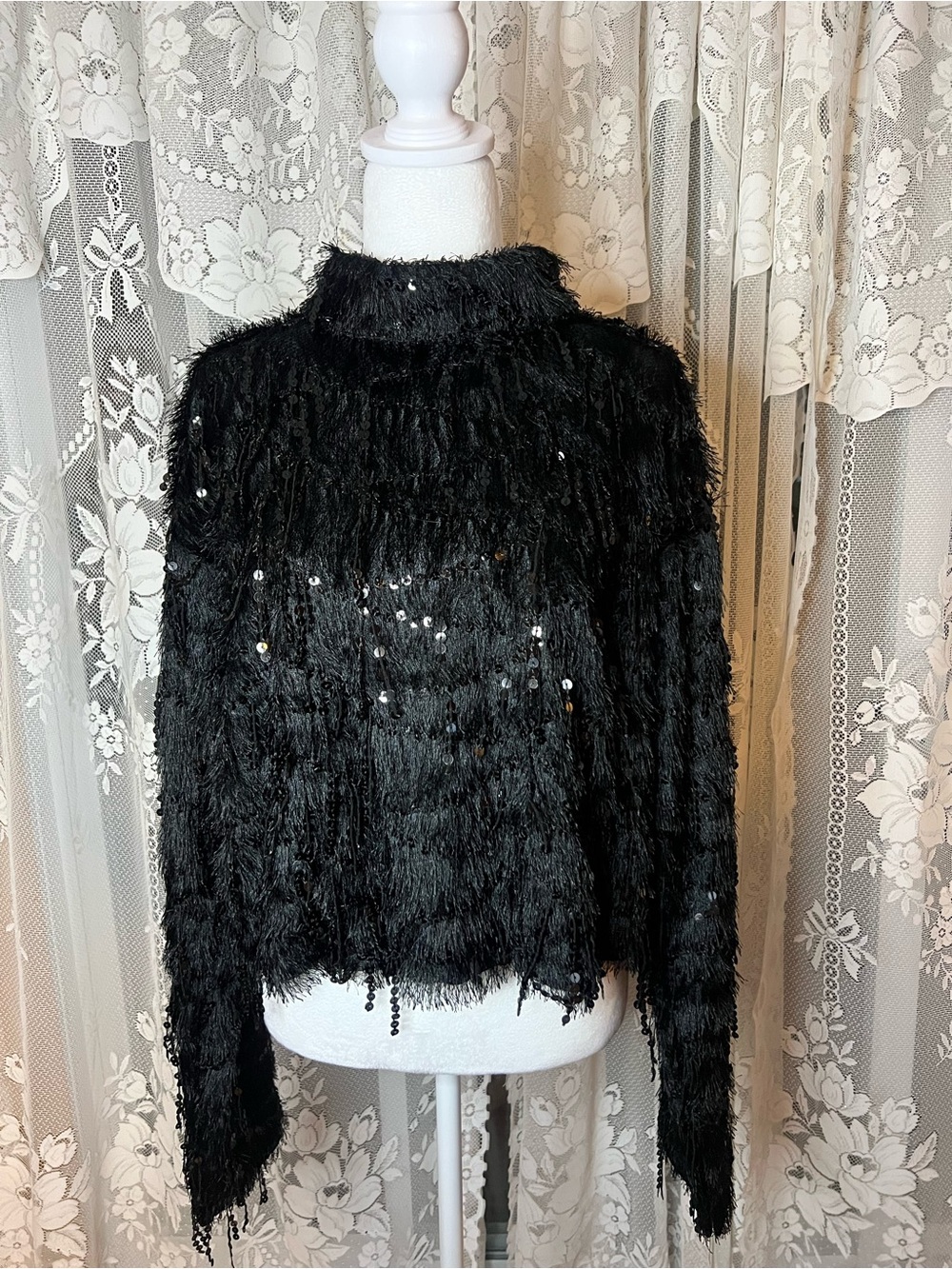 H&M Black Sequin Fringe Evening Top XXL